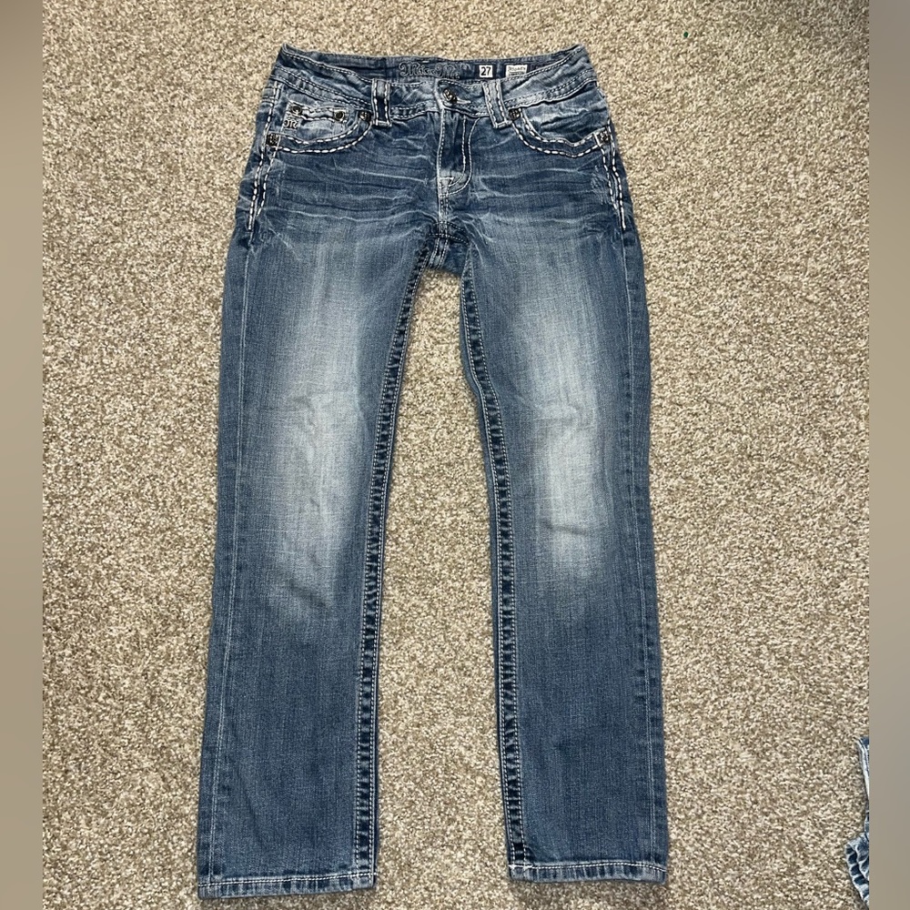 Miss Me Blue washed straight leg distressed denim jeans w/rhinestone detailing